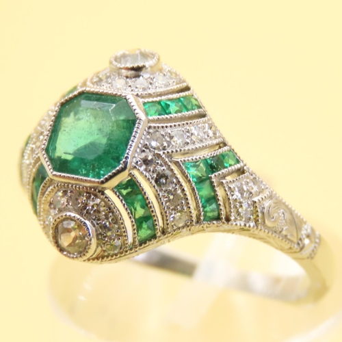 459 - Diamond and Emerald Ring Attractively Detailed Mounted on Platinum Further Emerald and Diamond Decor... 