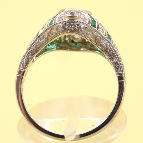 459 - Diamond and Emerald Ring Attractively Detailed Mounted on Platinum Further Emerald and Diamond Decor... 