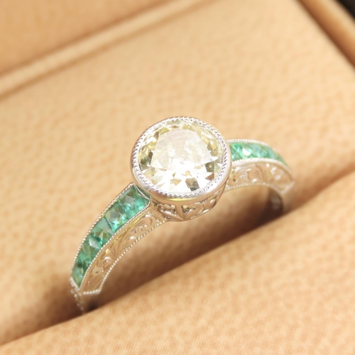 460 - Old European Cut Diamond Centerstone Ring Mounted in Platinum with Emerald Decoration to Shoulders B... 