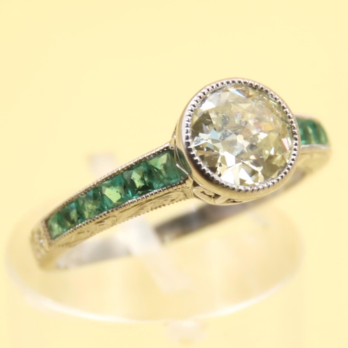 460 - Old European Cut Diamond Centerstone Ring Mounted in Platinum with Emerald Decoration to Shoulders B... 