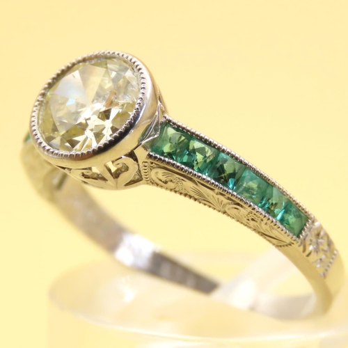 460 - Old European Cut Diamond Centerstone Ring Mounted in Platinum with Emerald Decoration to Shoulders B... 