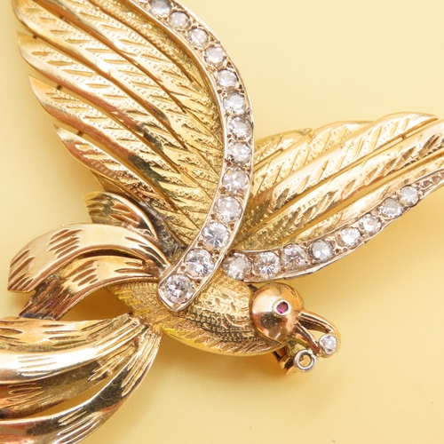 471 - Avian Motif 18 Carat Yellow Gold Brooch Decorated with Diamonds Attractively Detailed 6cm Wide x 7cm... 