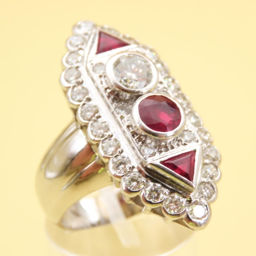 480 - Ladies Ruby and Diamond Twin Stone Ring Old European Cut Mounted on 18 Carat White Gold Band Ring Si... 