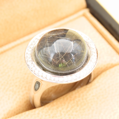 482 - Giovanni Ferraris Designer Moon Form Cabochon Polished Circular Cut Rutile Quartz Ring with Diamond ... 