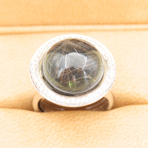 482 - Giovanni Ferraris Designer Moon Form Cabochon Polished Circular Cut Rutile Quartz Ring with Diamond ... 