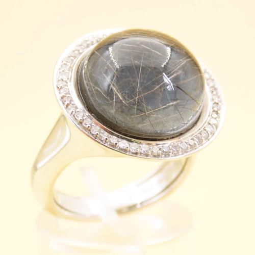 482 - Giovanni Ferraris Designer Moon Form Cabochon Polished Circular Cut Rutile Quartz Ring with Diamond ... 