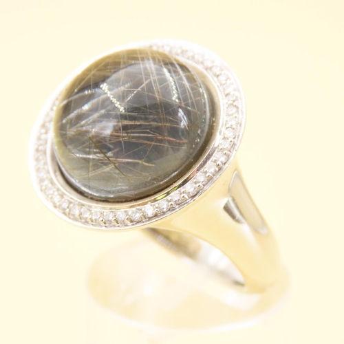 482 - Giovanni Ferraris Designer Moon Form Cabochon Polished Circular Cut Rutile Quartz Ring with Diamond ... 