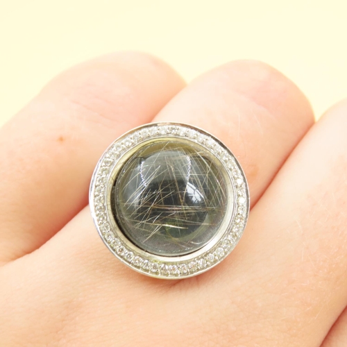 482 - Giovanni Ferraris Designer Moon Form Cabochon Polished Circular Cut Rutile Quartz Ring with Diamond ... 