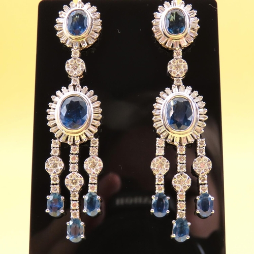 484 - Sapphire and Diamond Drop Form Ladies Earrings of Attractive Tassled Articulated Form Each 6cm Drop ... 