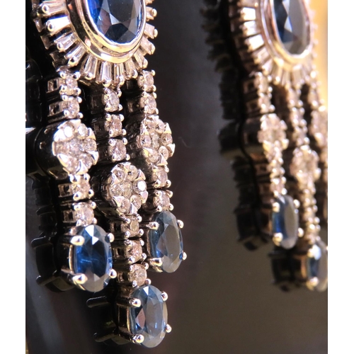 484 - Sapphire and Diamond Drop Form Ladies Earrings of Attractive Tassled Articulated Form Each 6cm Drop ... 