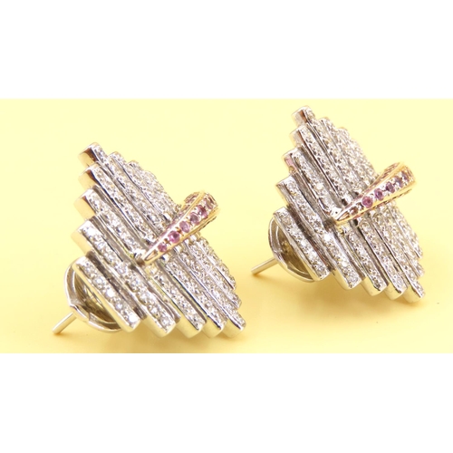 487 - Matching Ladies Articulated Form Diamond and Ruby Earrings Mounted in 18 Carat White Gold Each 2cm H... 