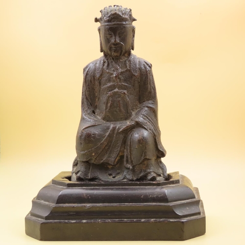 489 - Chinese Ming Era Bronze Deity Mounted on Wooden Base  Approximately 22cm High