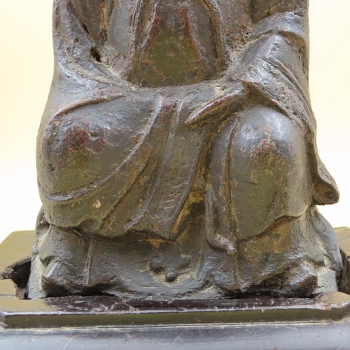 489 - Chinese Ming Era Bronze Deity Mounted on Wooden Base  Approximately 22cm High