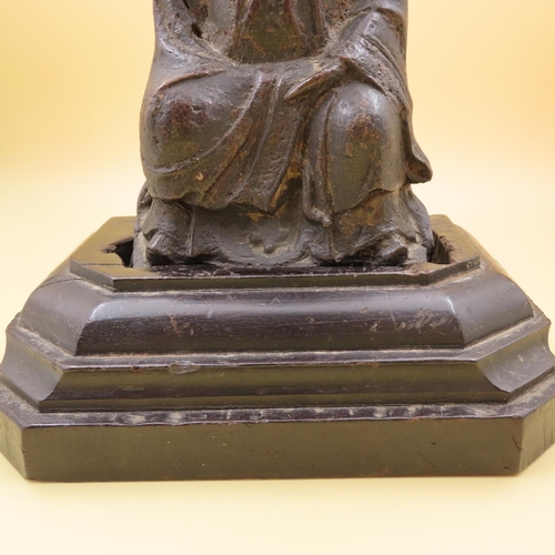 489 - Chinese Ming Era Bronze Deity Mounted on Wooden Base  Approximately 22cm High