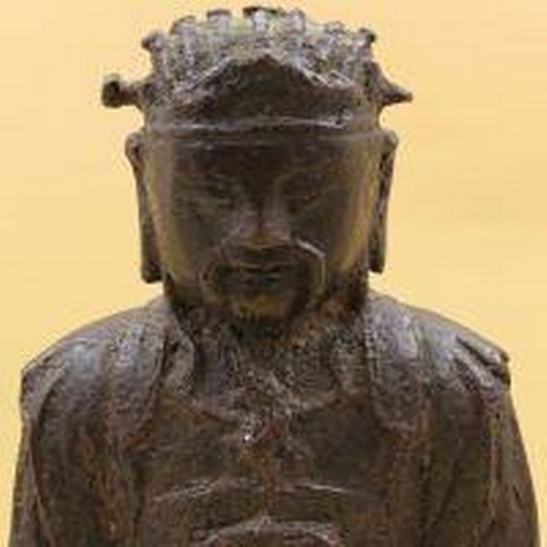 489 - Chinese Ming Era Bronze Deity Mounted on Wooden Base  Approximately 22cm High