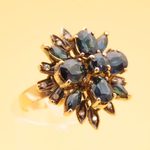 54 - Sapphire Cluster Ring with Diamonds Mounted on 18 Carat Yellow Gold Band Ring Size O