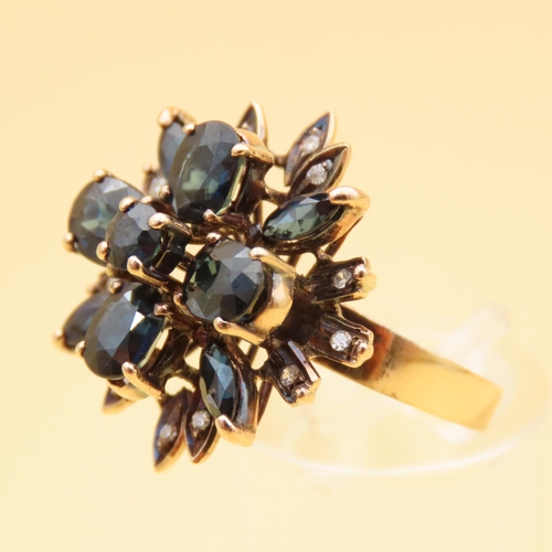 54 - Sapphire Cluster Ring with Diamonds Mounted on 18 Carat Yellow Gold Band Ring Size O