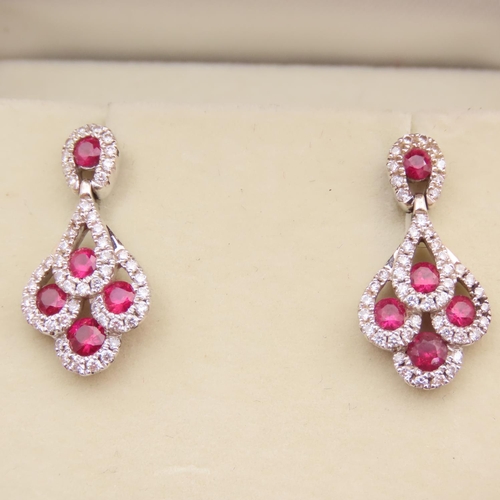 56 - Pair of Ruby and Diamond 18 Carat White Gold Mounted Earrings Attractively Detailed Each 2cm Drop