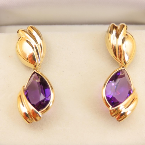 60 - Pair of 18 Carat Yellow Gold Amethyst Set Drop Earrings Articulated Form Each 3cm Drop
