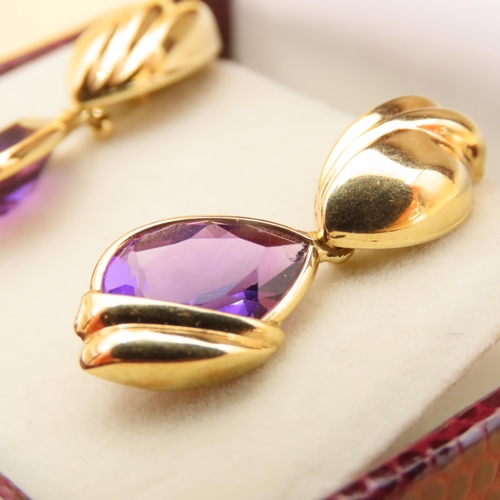 60 - Pair of 18 Carat Yellow Gold Amethyst Set Drop Earrings Articulated Form Each 3cm Drop