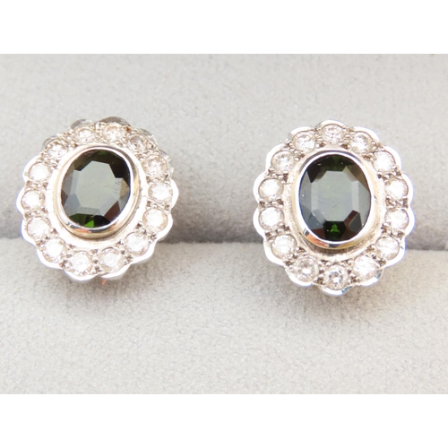 65 - Pair of Dark Green Sapphire and Diamond Cluster Earrings Set in 18 Carat Yellow Gold Each 1.5cm High