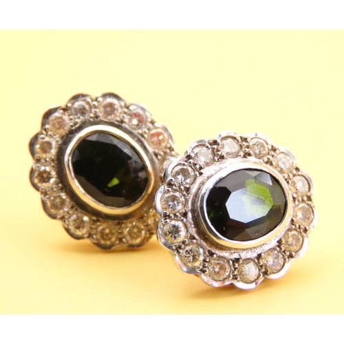 65 - Pair of Dark Green Sapphire and Diamond Cluster Earrings Set in 18 Carat Yellow Gold Each 1.5cm High