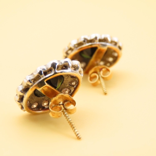 65 - Pair of Dark Green Sapphire and Diamond Cluster Earrings Set in 18 Carat Yellow Gold Each 1.5cm High