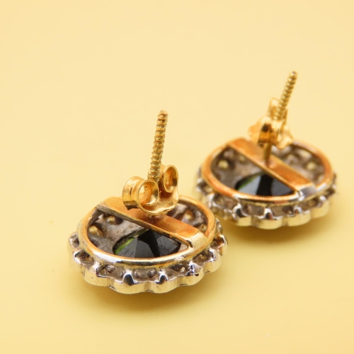 65 - Pair of Dark Green Sapphire and Diamond Cluster Earrings Set in 18 Carat Yellow Gold Each 1.5cm High