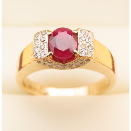 68 - Ruby Centerstone Ring Flanked with Eight Diamonds to Each Side Four Claw Set Mounted on 9 Carat Yell... 