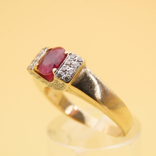 68 - Ruby Centerstone Ring Flanked with Eight Diamonds to Each Side Four Claw Set Mounted on 9 Carat Yell... 