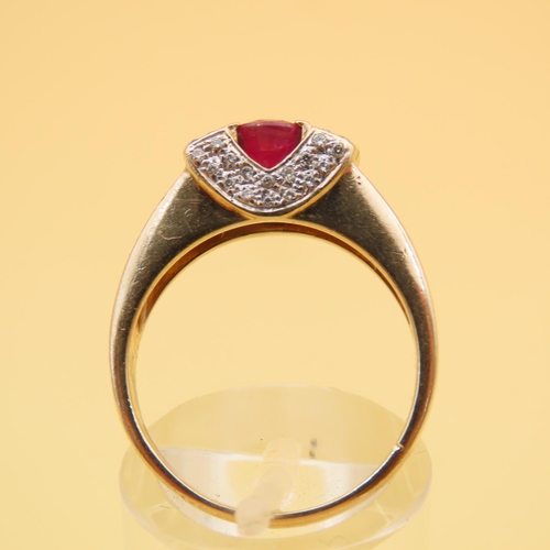 68 - Ruby Centerstone Ring Flanked with Eight Diamonds to Each Side Four Claw Set Mounted on 9 Carat Yell... 