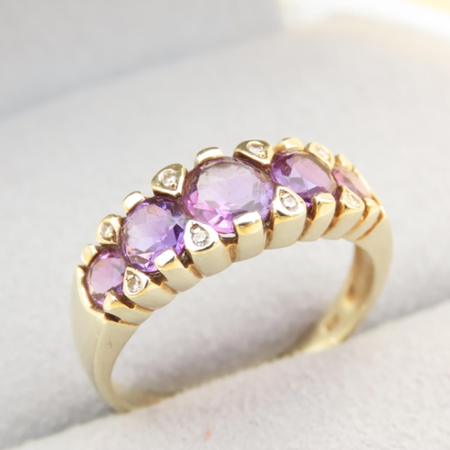 82 - Amethyst and Diamond Set Ladies Ring Mounted on 9 Carat Yellow Gold Band Ring Size S