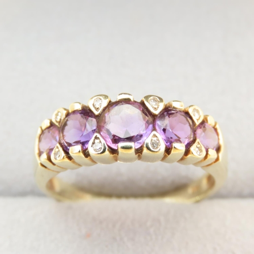 82 - Amethyst and Diamond Set Ladies Ring Mounted on 9 Carat Yellow Gold Band Ring Size S