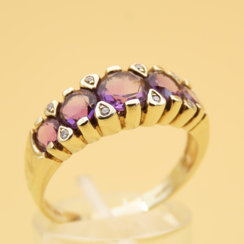 82 - Amethyst and Diamond Set Ladies Ring Mounted on 9 Carat Yellow Gold Band Ring Size S