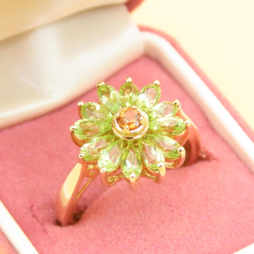 83 - Peridot and Citrine Cluster Ring Mounted on 9 Carat Yellow Gold Band Ring Size R