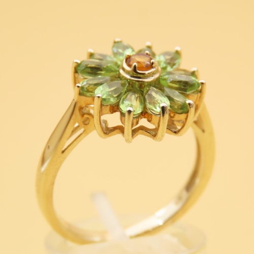 83 - Peridot and Citrine Cluster Ring Mounted on 9 Carat Yellow Gold Band Ring Size R