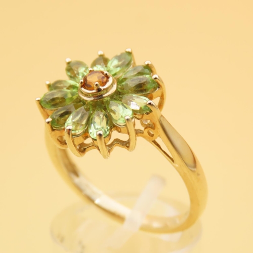 83 - Peridot and Citrine Cluster Ring Mounted on 9 Carat Yellow Gold Band Ring Size R