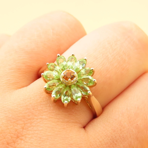 83 - Peridot and Citrine Cluster Ring Mounted on 9 Carat Yellow Gold Band Ring Size R