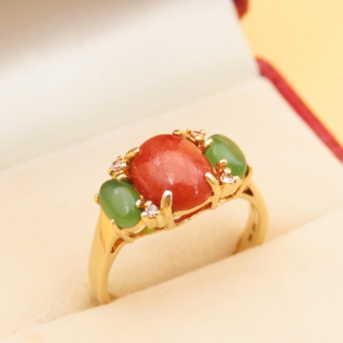 84 - Carnelian Agate and Jade Three Stone Ring Mounted on 14 Carat Yellow Gold Band Four Diamonds Surroun... 