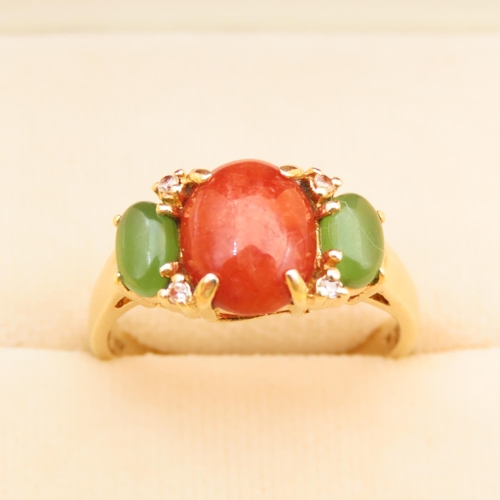 84 - Carnelian Agate and Jade Three Stone Ring Mounted on 14 Carat Yellow Gold Band Four Diamonds Surroun... 