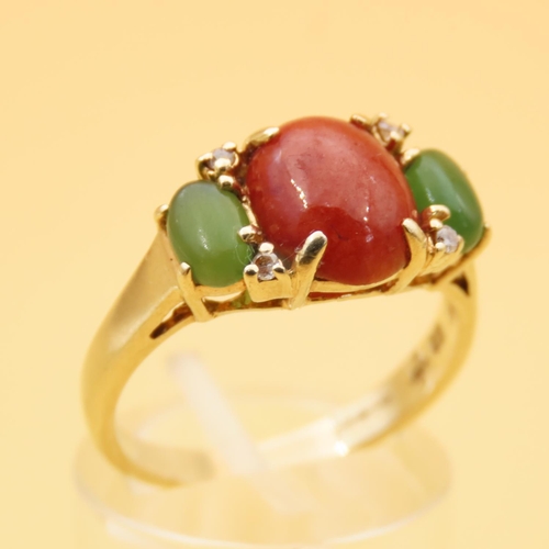 84 - Carnelian Agate and Jade Three Stone Ring Mounted on 14 Carat Yellow Gold Band Four Diamonds Surroun... 