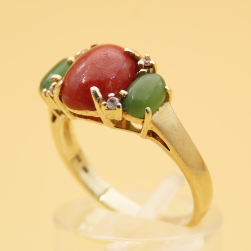 84 - Carnelian Agate and Jade Three Stone Ring Mounted on 14 Carat Yellow Gold Band Four Diamonds Surroun... 