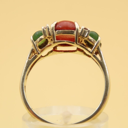 84 - Carnelian Agate and Jade Three Stone Ring Mounted on 14 Carat Yellow Gold Band Four Diamonds Surroun... 