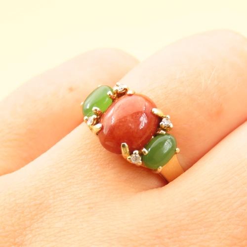 84 - Carnelian Agate and Jade Three Stone Ring Mounted on 14 Carat Yellow Gold Band Four Diamonds Surroun... 