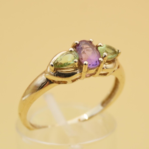 86 - Green and Purple Amethyst Three Stone Ring Mounted on 9 Carat Yellow Gold Band Ring Size R