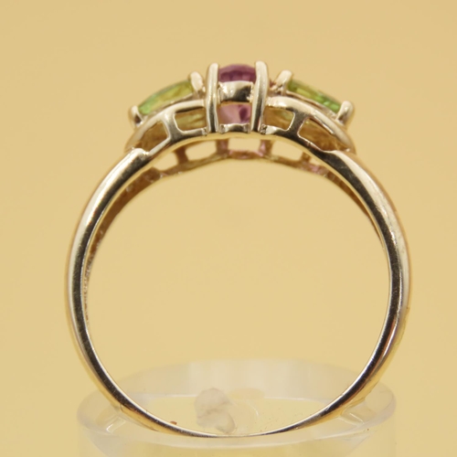 86 - Green and Purple Amethyst Three Stone Ring Mounted on 9 Carat Yellow Gold Band Ring Size R