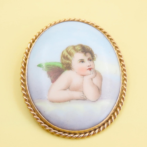 1025 - Finely Painted Porcelain Panel Brooch Mounted in 9 Carat Yellow Gold 5cm High