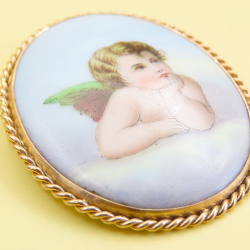 1025 - Finely Painted Porcelain Panel Brooch Mounted in 9 Carat Yellow Gold 5cm High