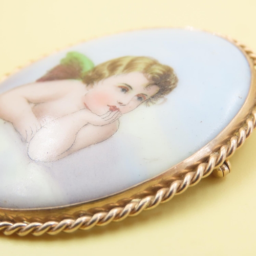 1025 - Finely Painted Porcelain Panel Brooch Mounted in 9 Carat Yellow Gold 5cm High