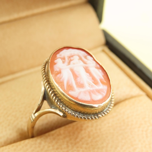 1026 - The Three Graces Cameo Set 9 Carat Yellow Gold Ring Attractively Detailed Ring Size U